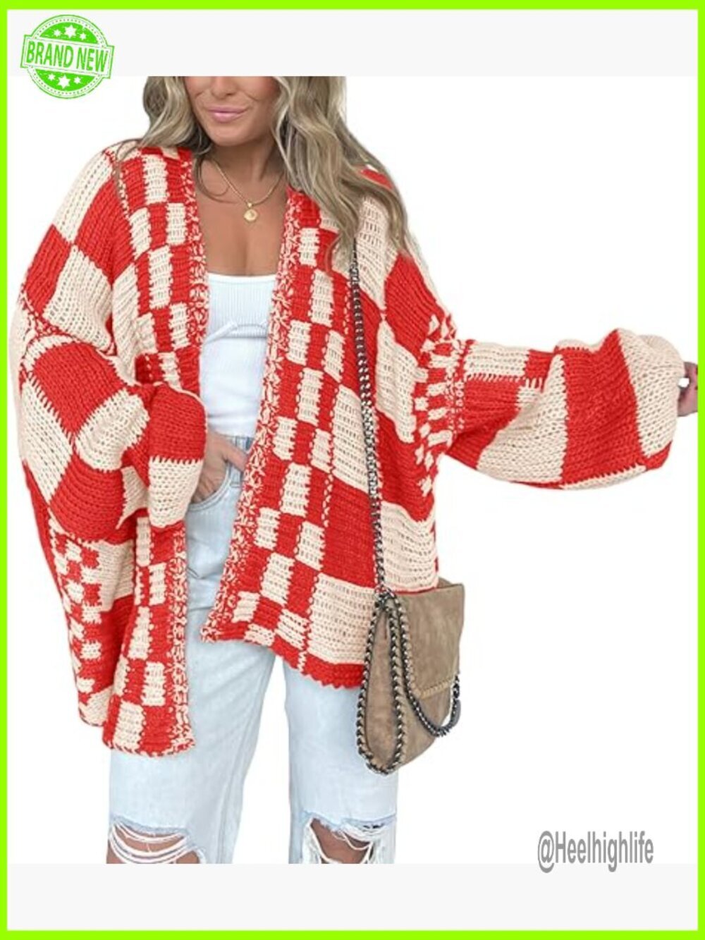 Chunky Knit Cardigan Sweater Long Sleeve Open Front Checkered Pattern Loose Fit